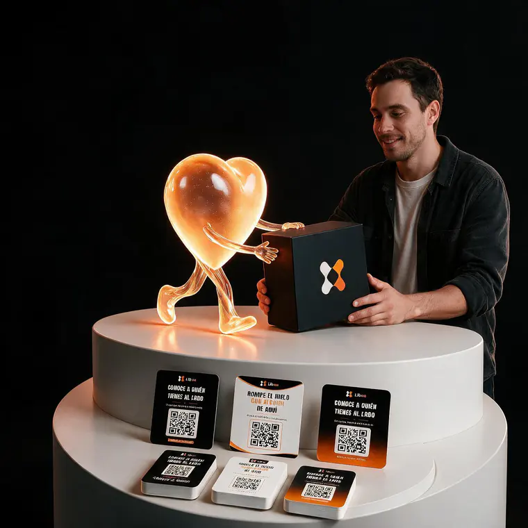 El pack de Libea: la caja, los displays de mesa y las pegatinas con el QR