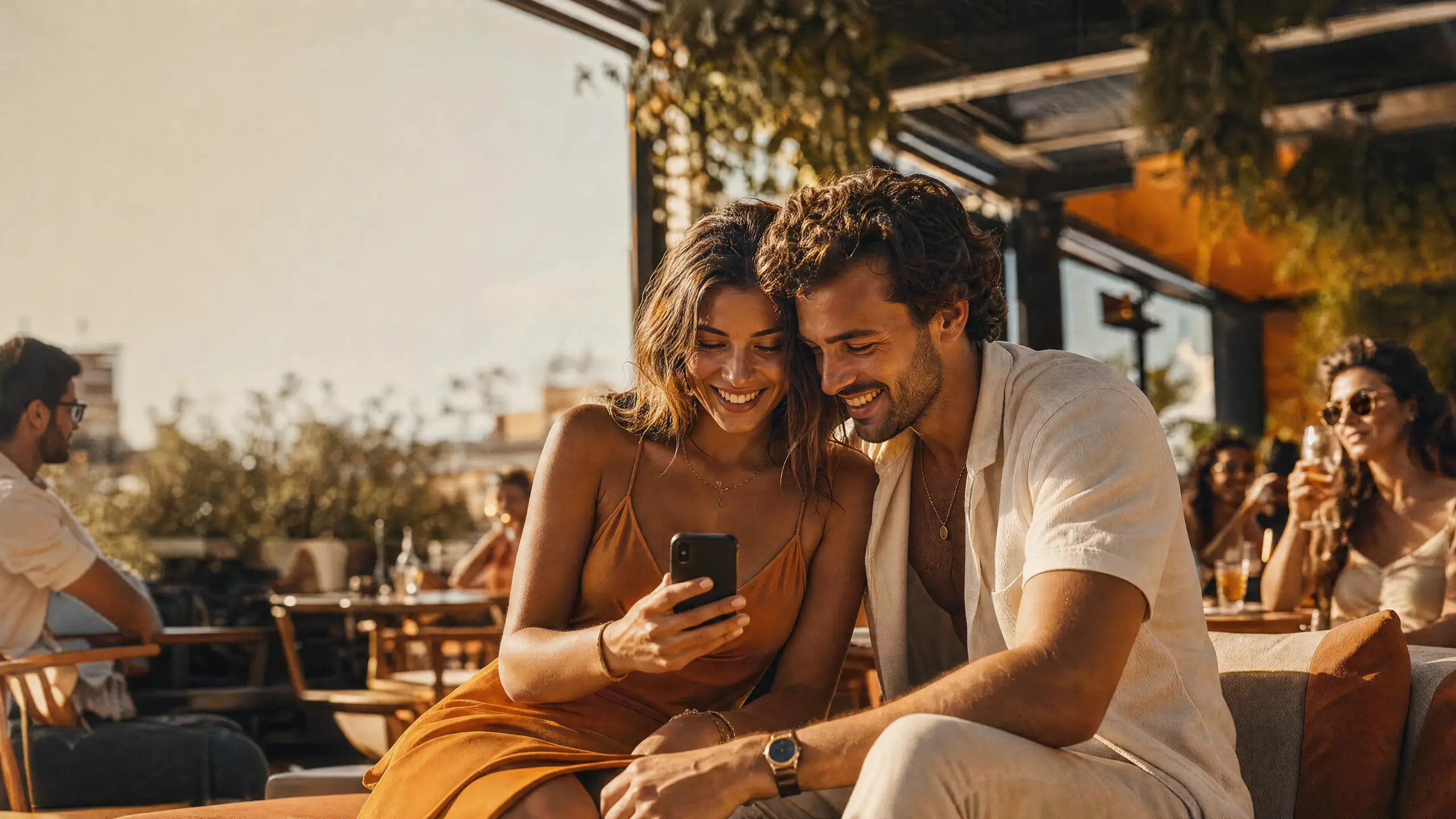 Gente en un local mirando junta el movil